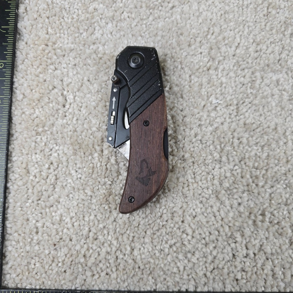Husky Folding Utility Knife Brown Wood Handle Black Stainless‎ Steel Pocket Clip
